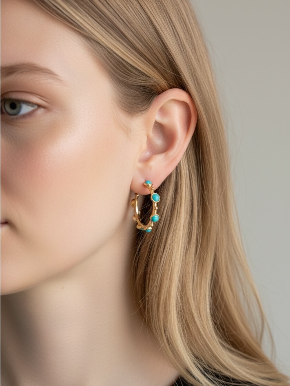 9/16 Gold Hoop Earrings with Turquoise Stones - Women Jewelry